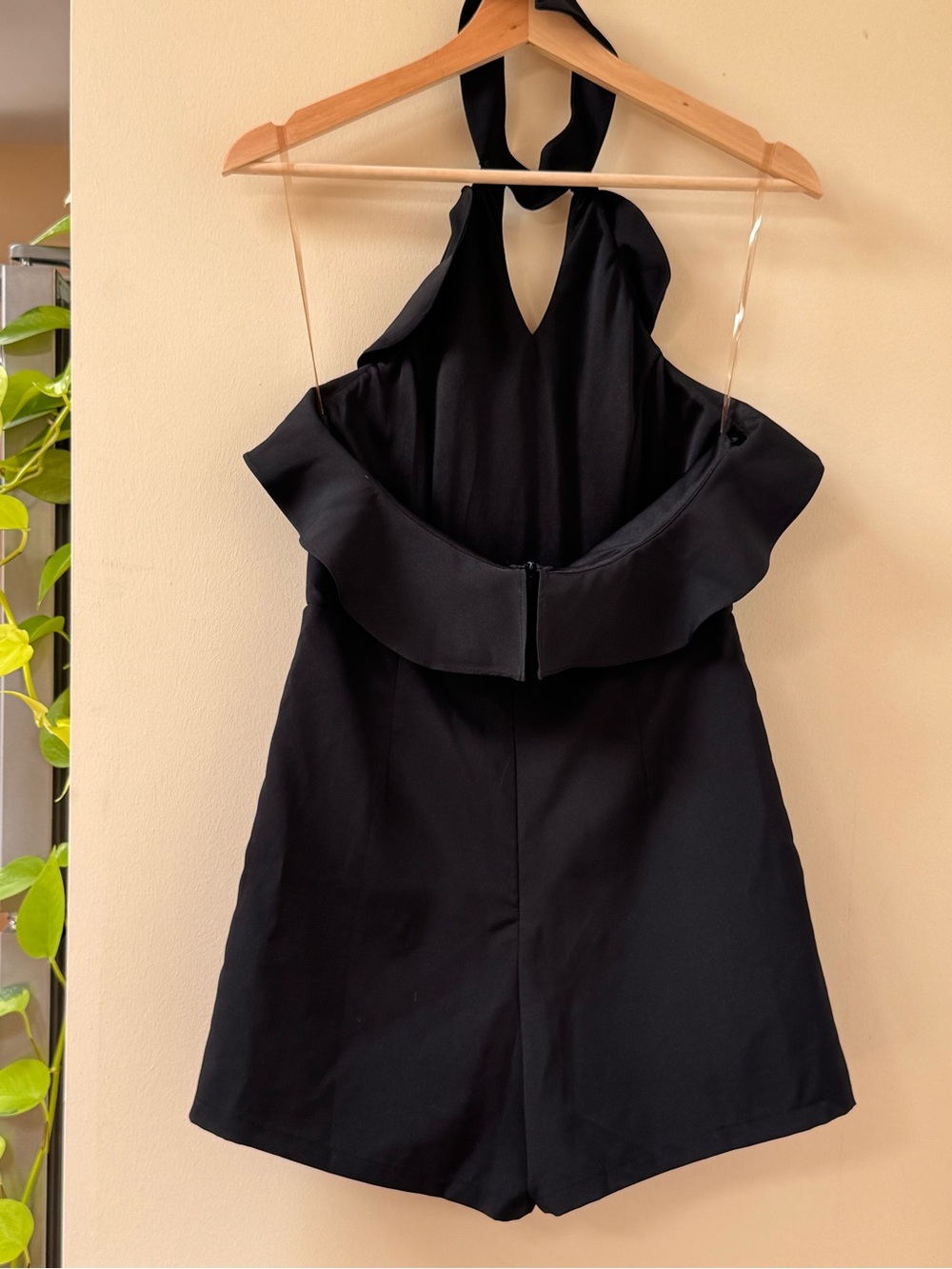 Fashion Nova Black Halter Romper with Ruffled Shoulders - Picture 2 of 3